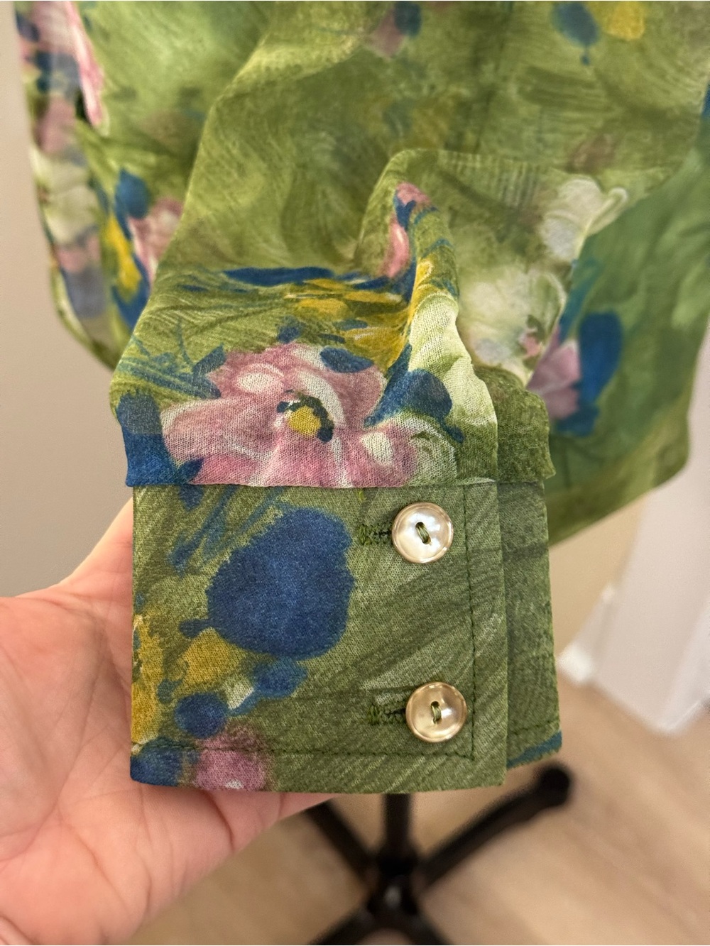 Vintage Green Floral Tie-Waist Button-Up Blouse Pointy Collar - Picture 7 of 10